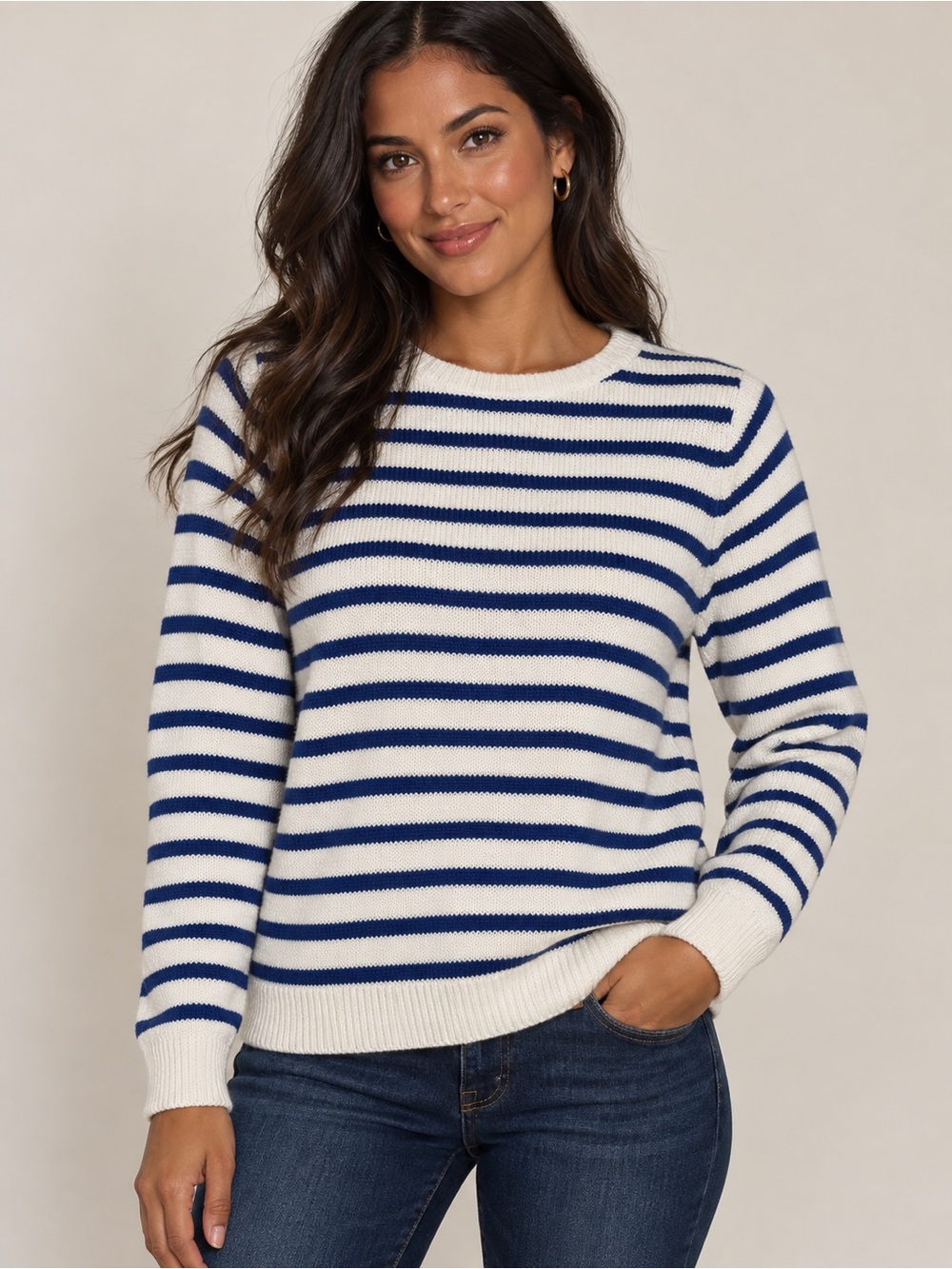 Lauren Ralph Lauren Navy & Ivory Striped Stretch Sweater – XL